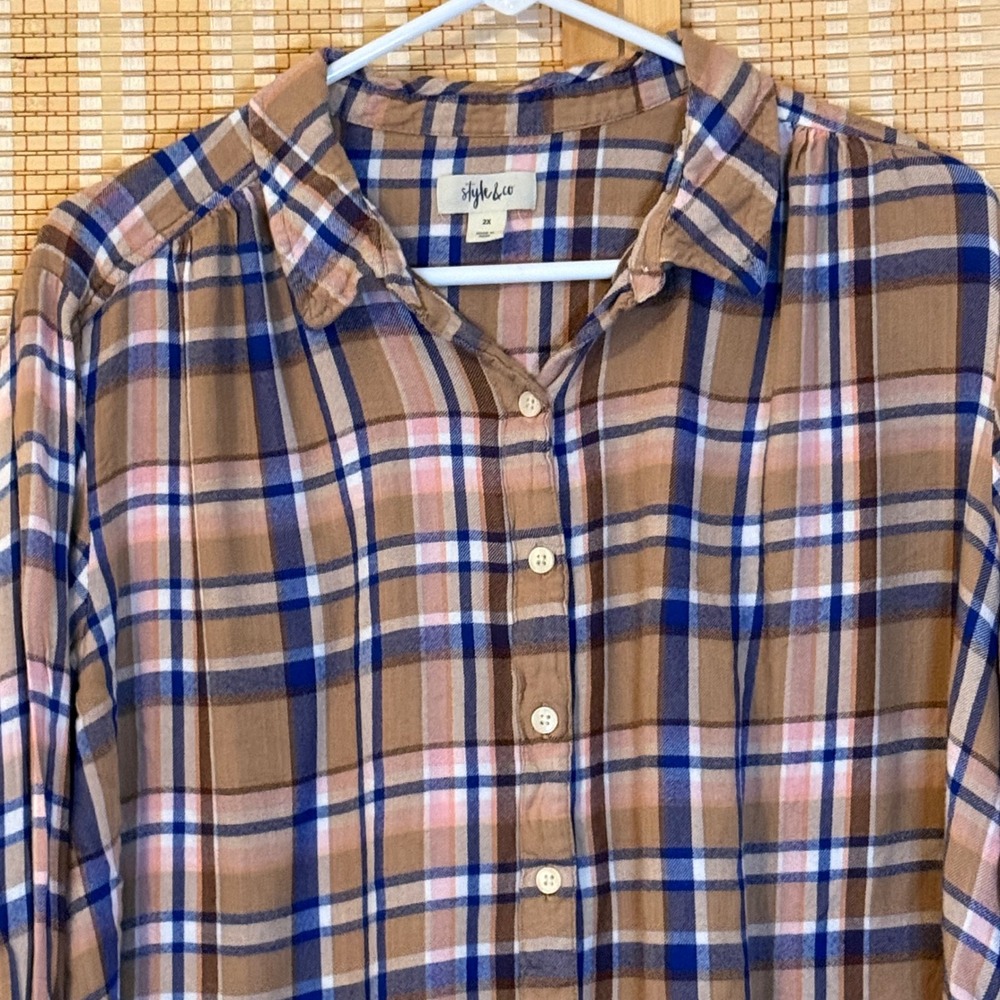 Style & Co Women 2X Brown Blue Plaid Button Down Rayon Shirt Long Sleeve Top - Picture 2 of 8